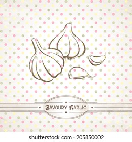 Vector retro illustration of the garlic against polka dot background