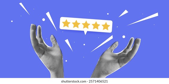 Vector retro illustration of Halftone art with hand feedback, star review, and customer service experience. Mobile app survey and rating.