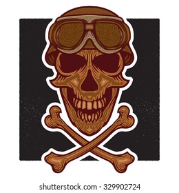 vector retro illustration of human skull head wearing Vintage Combat helmet and Vintage Motorcycle Goggle and isolated crossbones