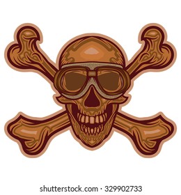 vector retro illustration of human skull head wearing Vintage Motorcycle Goggles and isolated crossbones