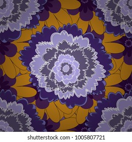 Vector retro illustration. Ideal for printing on fabric or paper. Seamless orange, blue and violet background with abstract flowers and elements.