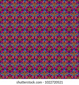Vector retro illustration. Ideal for printing on fabric or paper. Seamless purple, blue and magenta background with abstract flowers and elements.