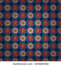 Vector retro illustration. Ideal for printing on fabric or paper. Seamless orange, blue and black background with abstract flowers and elements.