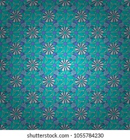 Vector retro illustration. Ideal for printing on fabric or paper. Seamless neutral, white and blue background with abstract flowers and elements.