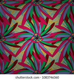 Vector retro illustration. Ideal for printing on fabric or paper. Seamless blue, yellow and red background with abstract flowers and elements.