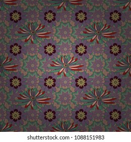 Vector retro illustration. Ideal for printing on fabric or paper. Seamless green, neutral and brown background with abstract flowers and elements.