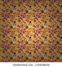 Vector retro illustration. Ideal for printing on fabric or paper. Seamless violet, neutral and yellow background with abstract flowers and elements.