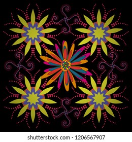 Vector retro illustration. Ideal for printing on fabric or paper. Seamless black, yellow and pink background with abstract flowers and elements.