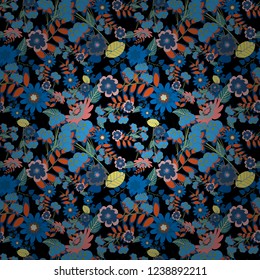 Vector retro illustration. Ideal for printing on fabric or paper. Seamless blue, orange and black background with abstract flowers and elements.
