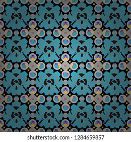 Vector retro illustration. Ideal for printing on fabric or paper. Seamless blue, gray and black background with abstract flowers and elements.