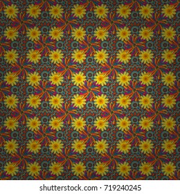 Vector retro illustration. Ideal for printing on fabric or paper. Seamless yellow, brown and blue background with abstract flowers and elements.