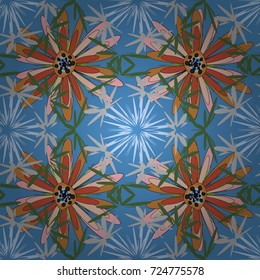 Vector retro illustration. Ideal for printing on fabric or paper. Seamless orange and green background with abstract flowers and elements.