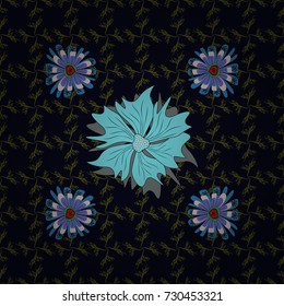 Vector retro illustration. Ideal for printing on fabric or paper. Seamless blue, green and black background with abstract flowers and elements.