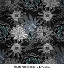 Vector retro illustration. Ideal for printing on fabric or paper. Seamless black, brown and gray background with abstract flowers and elements.