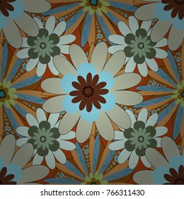 Vector retro illustration. Ideal for printing on fabric or paper. Seamless blue, orange and brown background with abstract flowers and elements.