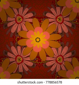 Vector retro illustration. Ideal for printing on fabric or paper. Seamless orange, brown and red background with abstract flowers and elements.