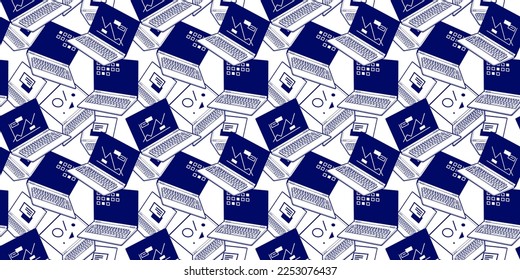 Vector retro illustration of laptop on white color background. Design of vintage seamless pattern with laptop for web, site, sale banner, poster, print