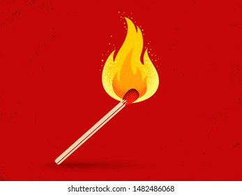 Vector retro illustration of a match with fire on red vintage background. Vintage icon of match with flame