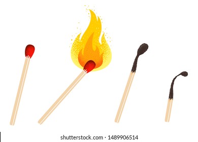 Vector retro illustration of a match with fire. Vintage icon of different match with flame. Vector set of matches.