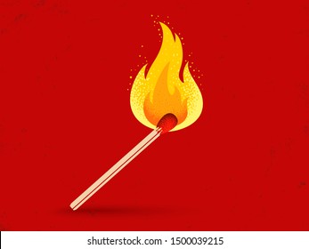 Vector retro illustration of a match with fire on red vintage background. Vintage icon of match with flame