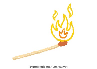 Vector retro illustration of a match with fire in hand drawing style. Vintage icon of match with flame.
