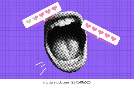 Vector retro illustration of a Mouth feedback with scream and rating. Halftone art with purple checkered background. Collage of music, sound, and review bar in a vintage pop style.