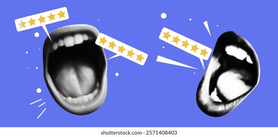 Vector retro illustration of Mouth feedback with star rating. Halftone collage of scream review bar pop art.