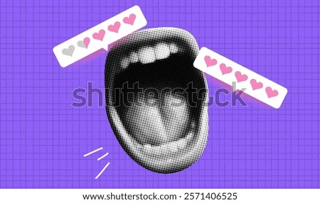 Vector retro illustration of a Mouth feedback with scream and rating. Halftone art with purple checkered background. Collage of music, sound, and review bar in a vintage pop style.