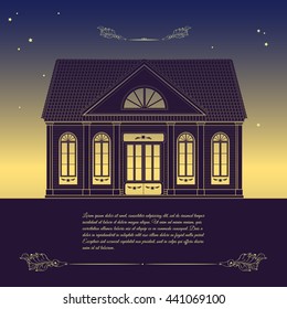 Vector retro illustration with old house, floral decorative elements on night sky background. Picture in vintage style with place for your text.  For  greeting cards, home decorations, mood board.