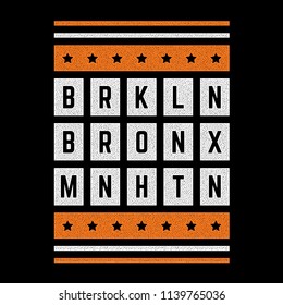 Vector retro illustration on the theme of Brooklyn. Bronx. Manhattan. Urban style. Stylized vintage orange grunge typography, banner, flyer, postcard, t-shirt graphics, poster, print.