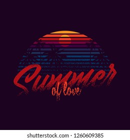 Vector retro illustration. Palm trees at sunset.