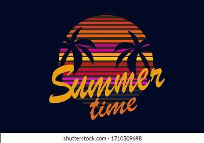 Vector retro illustration. Palm trees at sunset. summer time background. eps 10