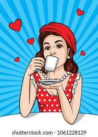 Vector retro illustration of pop art comic style of a pretty woman in red dress and hat drinks a coffee behind a table