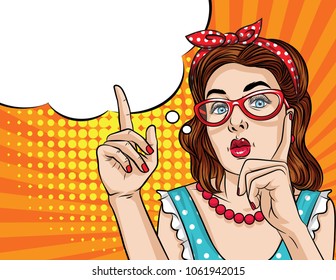 Vector retro illustration pop art comic style of a pretty woman in eyeglasses  pointing finger up. Vintage poster of a girl showing something
