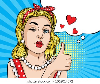 Vector retro illustration of pop art comic style beautiful woman in glasses pointing with her finger up. A Vintage poster of a winking girl showing a gesture