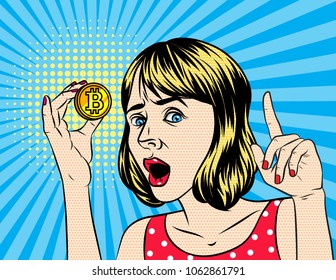 Vector retro illustration  pop art comic style of  a beautiful woman hold a bitcoin. A Vintage poster of a girl with bitcoin in her hand over halftone dot background