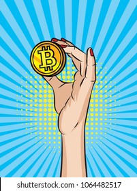 Vector retro illustration  pop art comic style of  a woman's hand holding a golden coin. A Vintage poster of a  bitcoin in girl's hand over halftone dot background