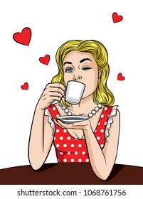 Vector retro illustration  pop art comic style of a pretty woman in red dress drinking a coffee isolated from white background. Lady with winking eye sitting behind the table with cup of coffee
