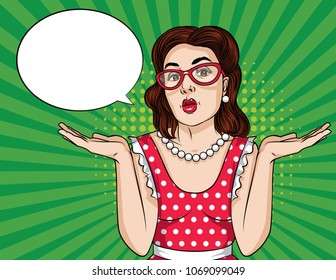 Vector retro illustration pop art comic style of a emotional woman trying to make a decision. Girl hold both hands up