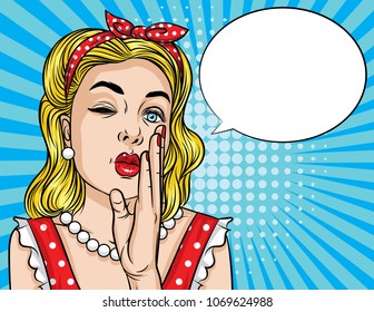 Vector retro illustration of pop art comic style emotional woman trying to tell secret message. Beautiful lady keeping hand near her mouth