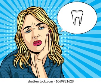Vector retro illustration pop art comic style of unhappy woman keep hand on her cheek. Girl have teeth pain