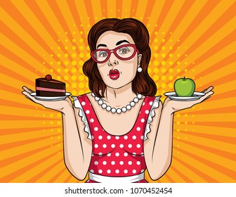 Vector retro illustration pop art comic style of a emotional woman trying to make a decision between healthy and unhealthy food. Girl hold plates with vegetable and cake