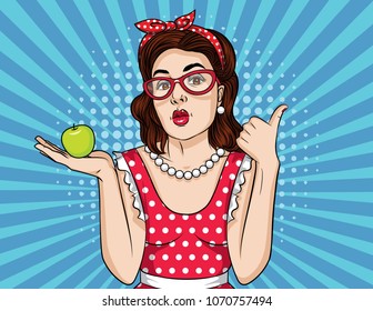 Vector retro illustration pop art comic style of a pretty woman in eyeglasses  pointing finger up. Vintage poster of a healthy vegan diet