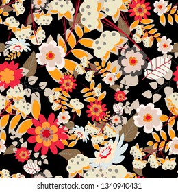 Vector retro illustration. Seamless beige, black and yellow background with abstract flowers and elements. Ideal for printing on fabric or paper.