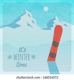 Vector retro illustration with snowy mountains and snowboard