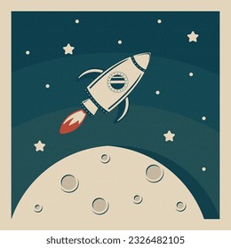 Vector Retro Illustration Spaceship Flight to the Moon Vintage Texture