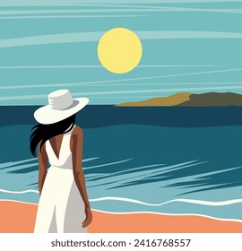 Vektorretro-Illustration mit Text Hallo Sommer. Konzeptioneller Tourismus, Erholung. Schöne Frau in einem Hut am Strand vor dem Hintergrund von Himmel und Meer. Weiblicher Tourist in weißem Kleid