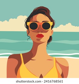 Vektorretro-Illustration mit Text Hallo Sommer. Konzeptioneller Tourismus, Erholung. Schöne Frau in Brille am Strand vor dem Hintergrund des Ozeans. Weiblicher Tourist auf gelbem Bikini