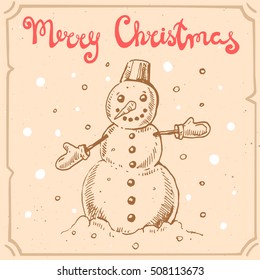 Vector retro illustration of text Merry Christmas,snowman on the background with abstract paper texture,retro frame.Hand drawn letters,snowman sketch.Linear art in vintage style for your design.
