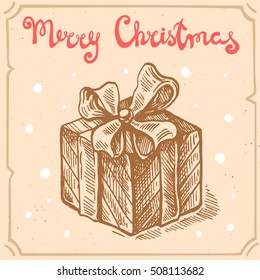 Vector retro illustration of text Merry Christmas on the background with abstract paper texture,retro frame.Letters and christmas tree branch sketch.Linear art in vintage style for your design.